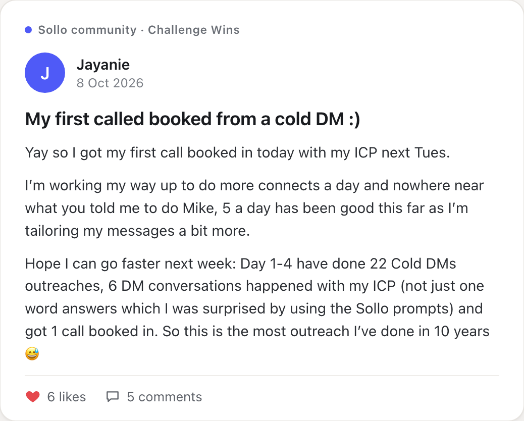 Jayanie, 8 Oct: first call booked from a cold DM after 22 DMs and 6 conversations